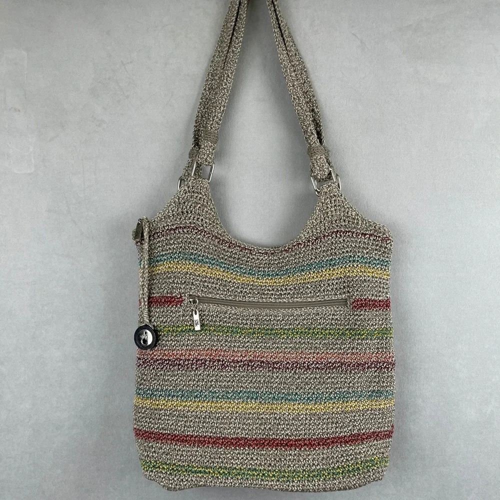 The‎ Sak Belle Crochet Hobo Bag Striped Taupe Multicolor Y2K Hippie Shoulder Bag